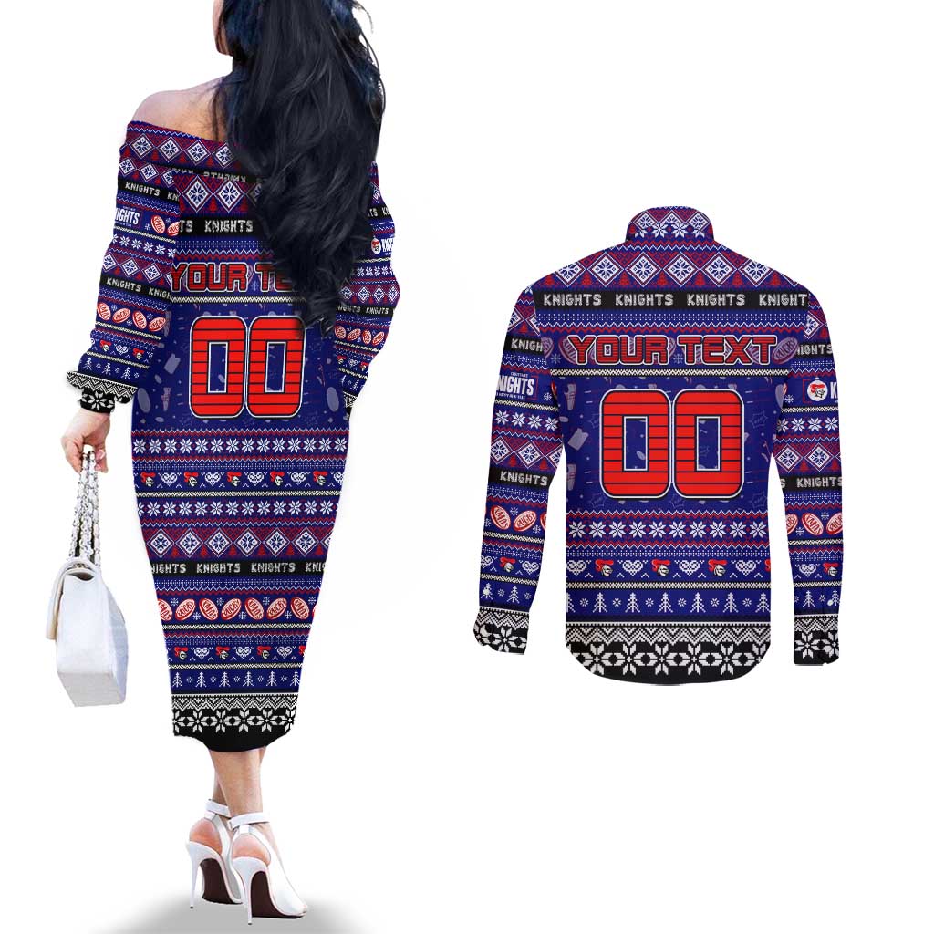 Personalized Knights Rugby Xmas Couples Matching Off The Shoulder Long Sleeve Dress and Long Sleeve Button Shirt Australia NRL Mascot