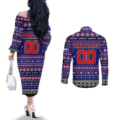 Personalized Knights Rugby Xmas Couples Matching Off The Shoulder Long Sleeve Dress and Long Sleeve Button Shirt Australia NRL Mascot