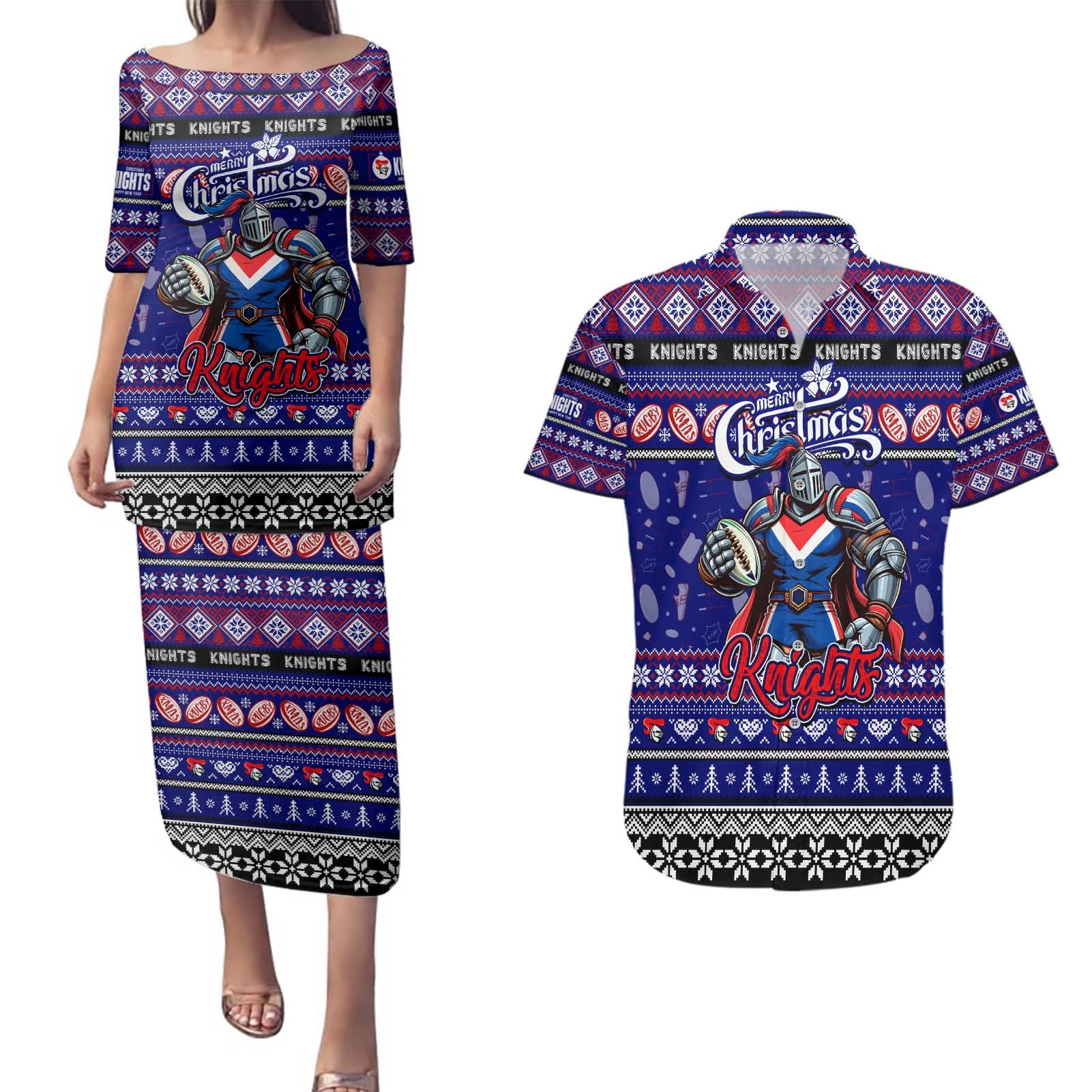 Personalized Knights Rugby Xmas Couples Matching Puletasi and Hawaiian Shirt Australia NRL Mascot