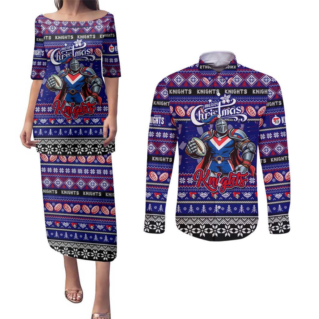 Personalized Knights Rugby Xmas Couples Matching Puletasi and Long Sleeve Button Shirt Australia NRL Mascot