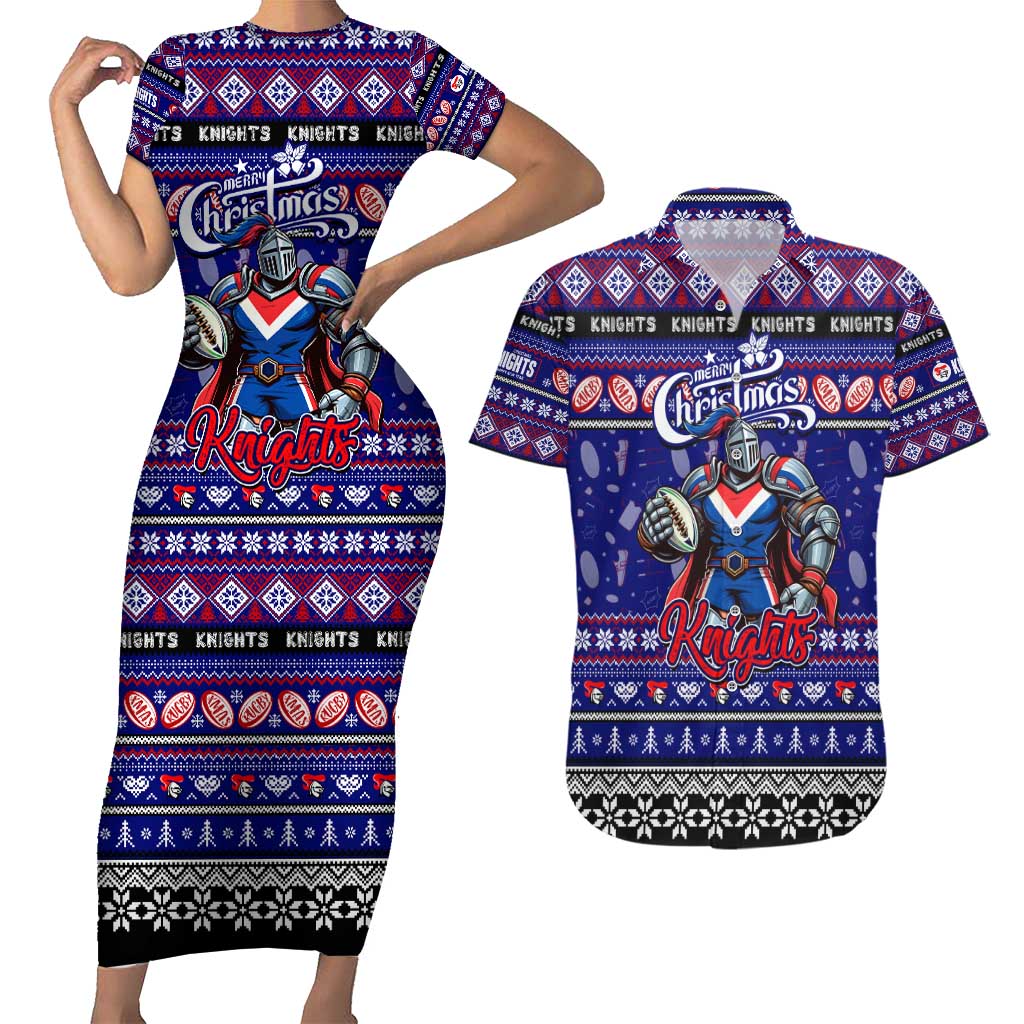 Personalized Knights Rugby Xmas Couples Matching Short Sleeve Bodycon Dress and Hawaiian Shirt Australia NRL Mascot