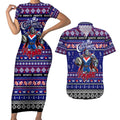 Personalized Knights Rugby Xmas Couples Matching Short Sleeve Bodycon Dress and Hawaiian Shirt Australia NRL Mascot