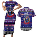 Personalized Knights Rugby Xmas Couples Matching Short Sleeve Bodycon Dress and Hawaiian Shirt Australia NRL Mascot