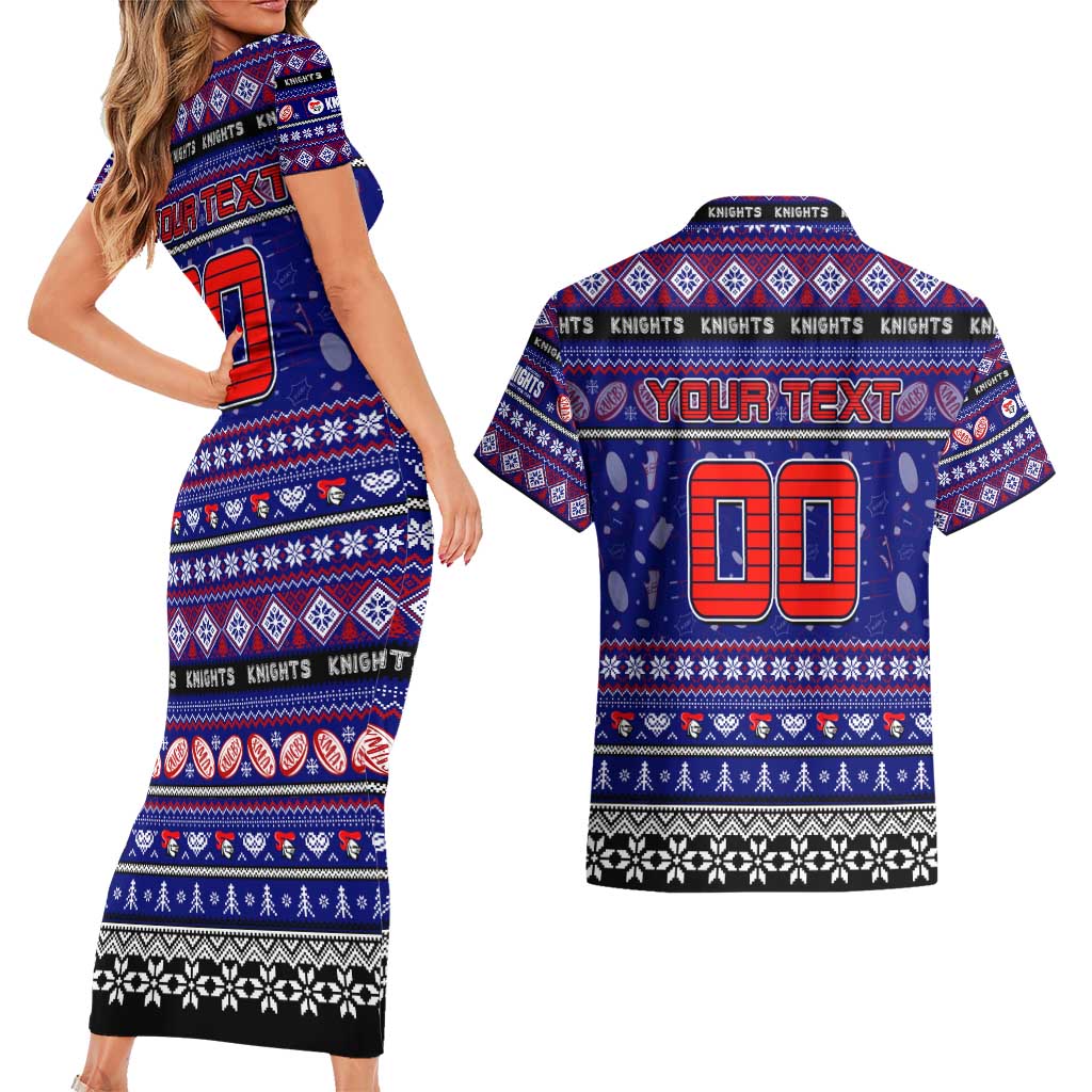 Personalized Knights Rugby Xmas Couples Matching Short Sleeve Bodycon Dress and Hawaiian Shirt Australia NRL Mascot