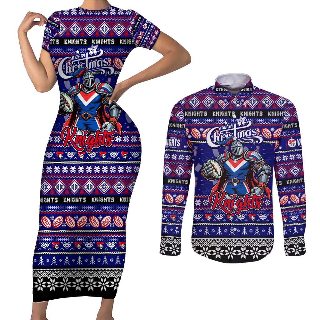 Personalized Knights Rugby Xmas Couples Matching Short Sleeve Bodycon Dress and Long Sleeve Button Shirt Australia NRL Mascot