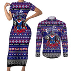 Personalized Knights Rugby Xmas Couples Matching Short Sleeve Bodycon Dress and Long Sleeve Button Shirt Australia NRL Mascot
