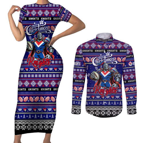 Personalized Knights Rugby Xmas Couples Matching Short Sleeve Bodycon Dress and Long Sleeve Button Shirt Australia NRL Mascot