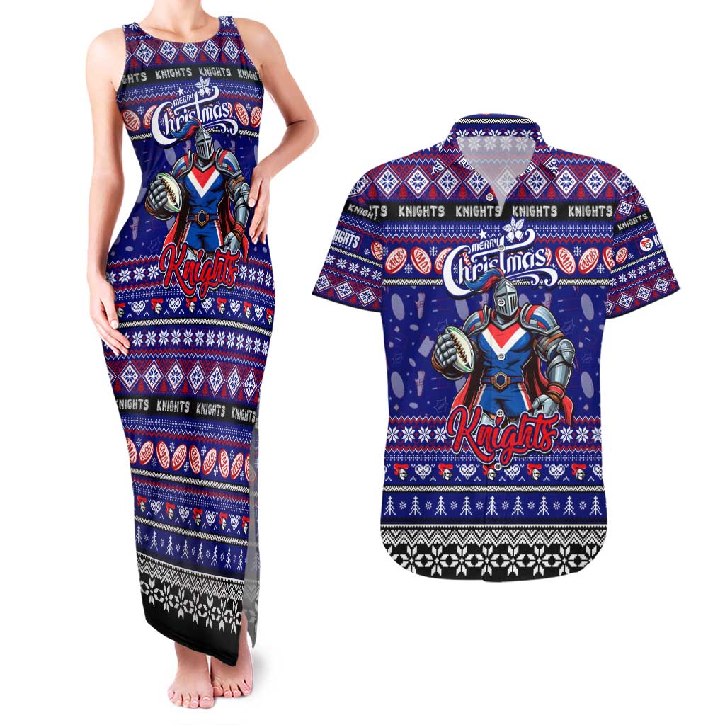 Personalized Knights Rugby Xmas Couples Matching Tank Maxi Dress and Hawaiian Shirt Australia NRL Mascot