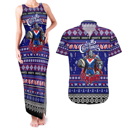 Personalized Knights Rugby Xmas Couples Matching Tank Maxi Dress and Hawaiian Shirt Australia NRL Mascot