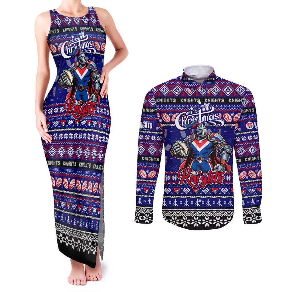 Personalized Knights Rugby Xmas Couples Matching Tank Maxi Dress and Long Sleeve Button Shirt Australia NRL Mascot