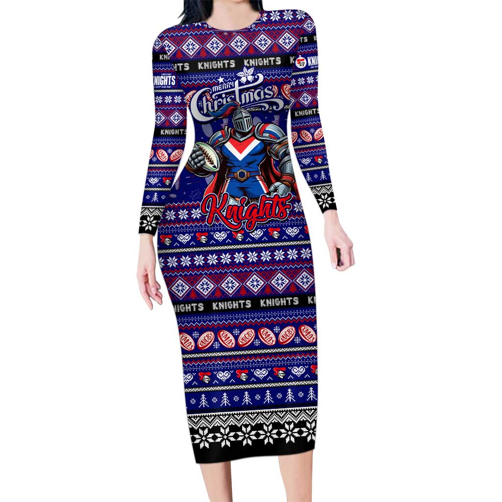 Personalized Knights Rugby Xmas Family Matching Long Sleeve Bodycon Dress and Hawaiian Shirt Australia NRL Mascot