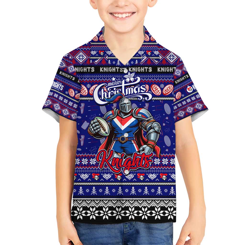Personalized Knights Rugby Xmas Family Matching Long Sleeve Bodycon Dress and Hawaiian Shirt Australia NRL Mascot