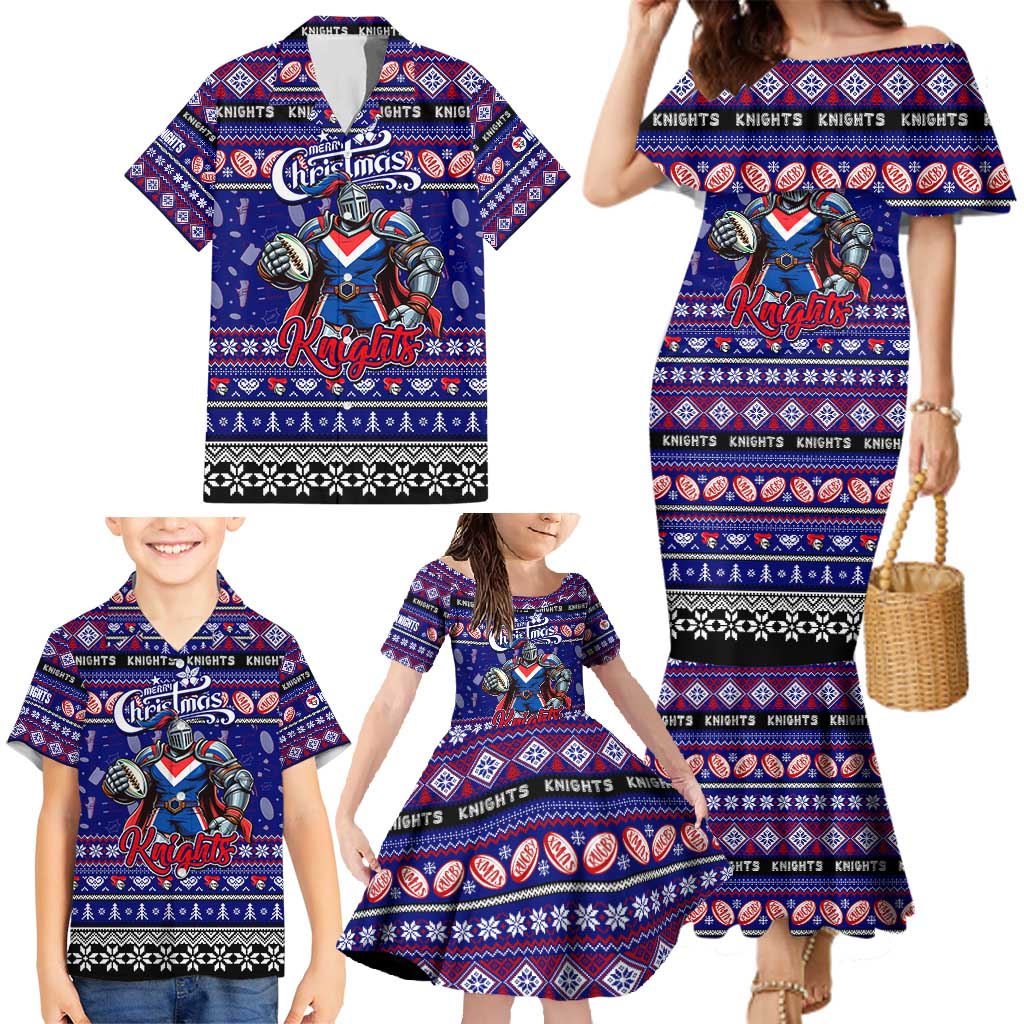 Personalized Knights Rugby Xmas Family Matching Mermaid Dress and Hawaiian Shirt Australia NRL Mascot