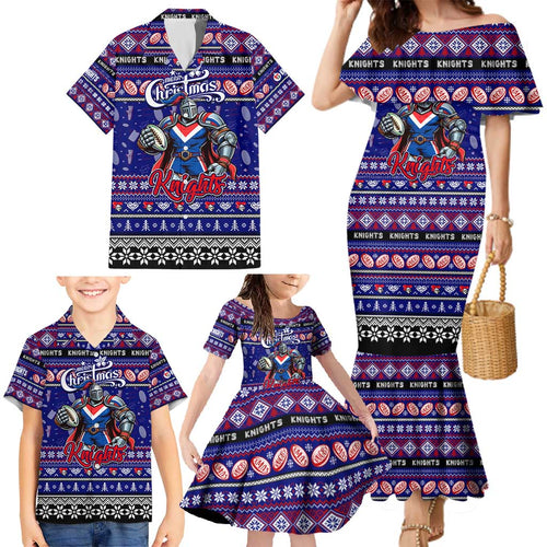 Personalized Knights Rugby Xmas Family Matching Mermaid Dress and Hawaiian Shirt Australia NRL Mascot