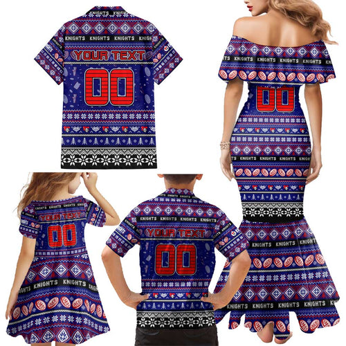 Personalized Knights Rugby Xmas Family Matching Mermaid Dress and Hawaiian Shirt Australia NRL Mascot