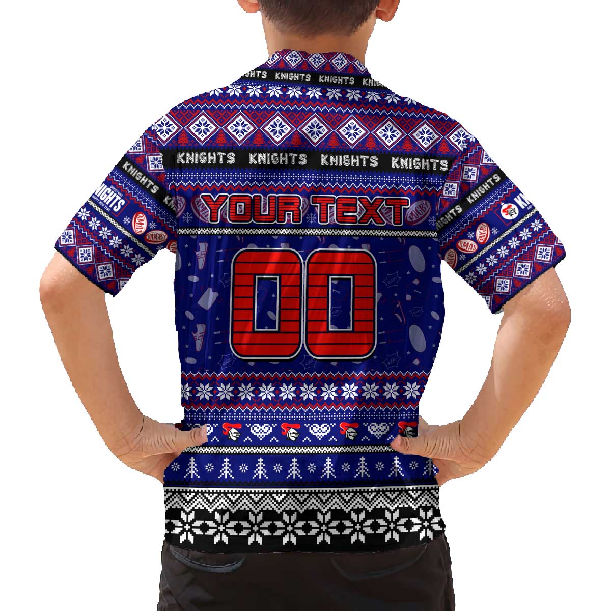 Personalized Knights Rugby Xmas Family Matching Off The Shoulder Long Sleeve Dress and Hawaiian Shirt Australia NRL Mascot