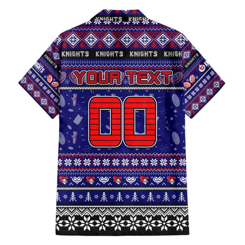Personalized Knights Rugby Xmas Family Matching Off The Shoulder Long Sleeve Dress and Hawaiian Shirt Australia NRL Mascot