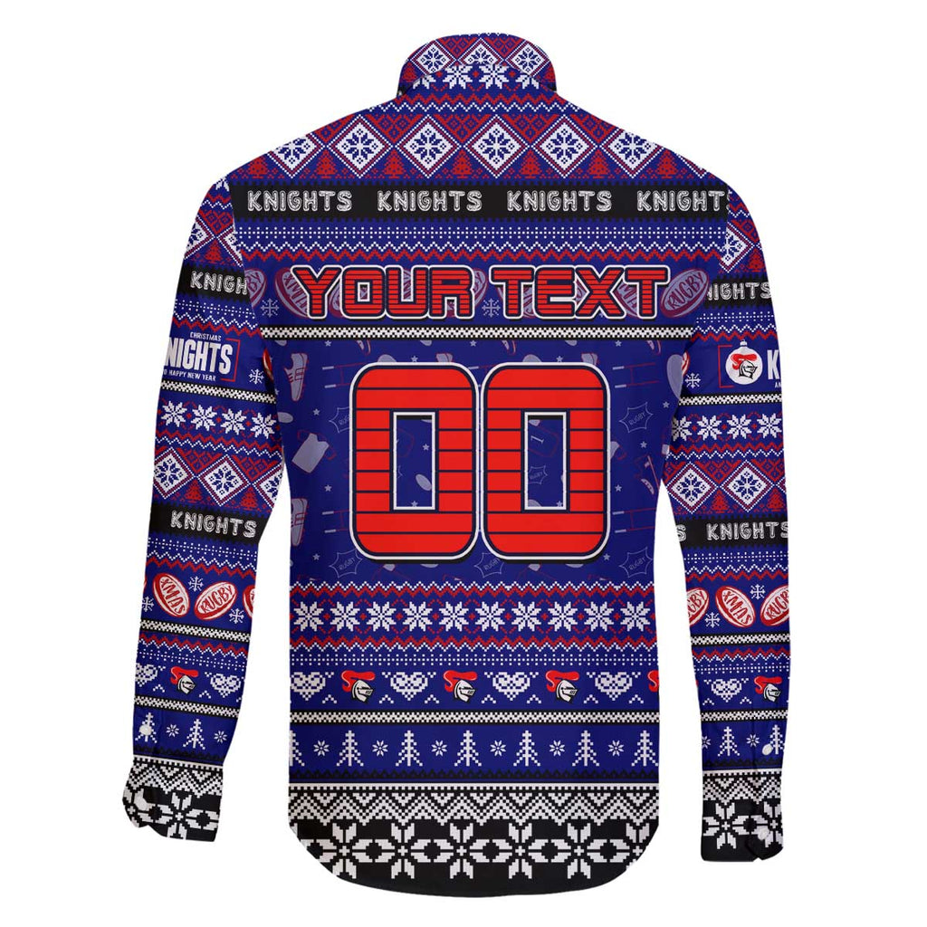 Personalized Knights Rugby Xmas Family Matching Off The Shoulder Long Sleeve Dress and Hawaiian Shirt Australia NRL Mascot