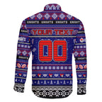 Personalized Knights Rugby Xmas Family Matching Off The Shoulder Long Sleeve Dress and Hawaiian Shirt Australia NRL Mascot