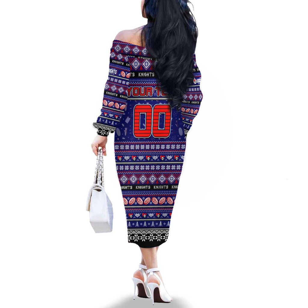 Personalized Knights Rugby Xmas Family Matching Off The Shoulder Long Sleeve Dress and Hawaiian Shirt Australia NRL Mascot