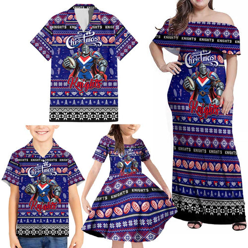 Personalized Knights Rugby Xmas Family Matching Off Shoulder Maxi Dress and Hawaiian Shirt Australia NRL Mascot