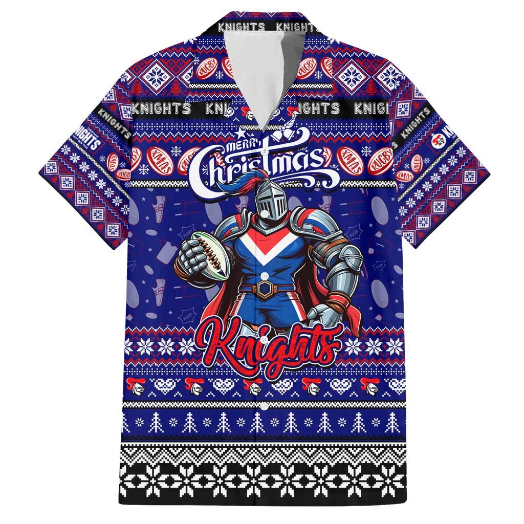 Personalized Knights Rugby Xmas Family Matching Off Shoulder Maxi Dress and Hawaiian Shirt Australia NRL Mascot