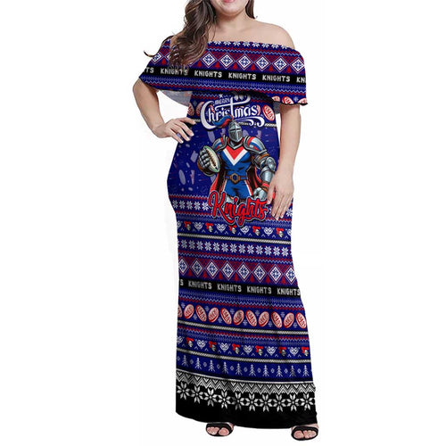 Personalized Knights Rugby Xmas Family Matching Off Shoulder Maxi Dress and Hawaiian Shirt Australia NRL Mascot