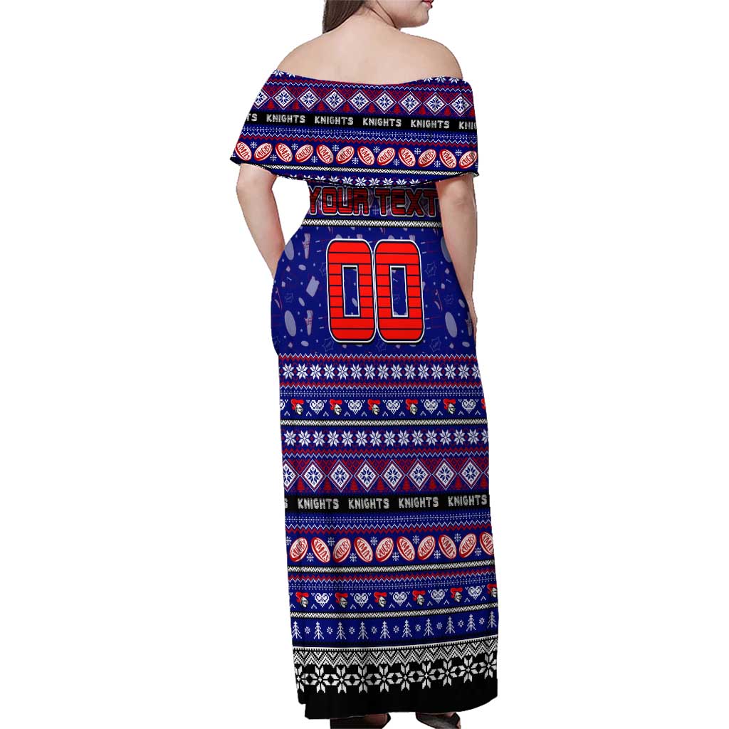 Personalized Knights Rugby Xmas Family Matching Off Shoulder Maxi Dress and Hawaiian Shirt Australia NRL Mascot
