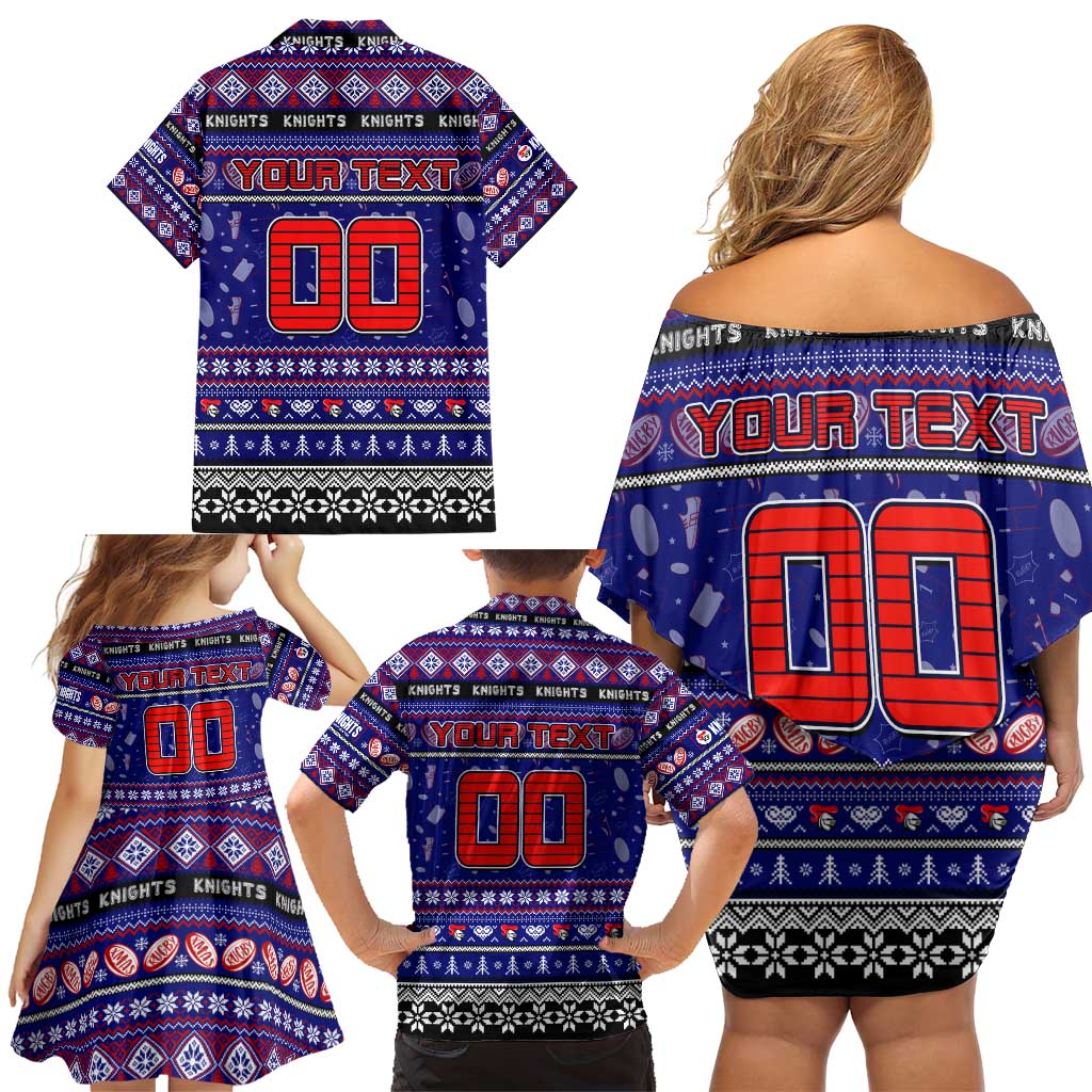 Personalized Knights Rugby Xmas Family Matching Off Shoulder Short Dress and Hawaiian Shirt Australia NRL Mascot
