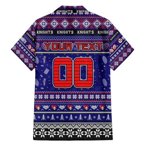 Personalized Knights Rugby Xmas Family Matching Off Shoulder Short Dress and Hawaiian Shirt Australia NRL Mascot