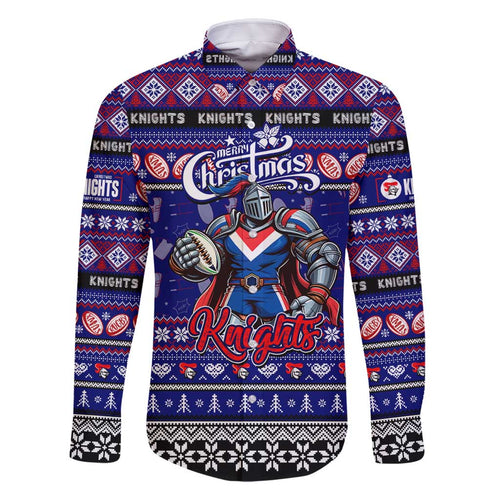 Personalized Knights Rugby Xmas Family Matching Off Shoulder Short Dress and Hawaiian Shirt Australia NRL Mascot