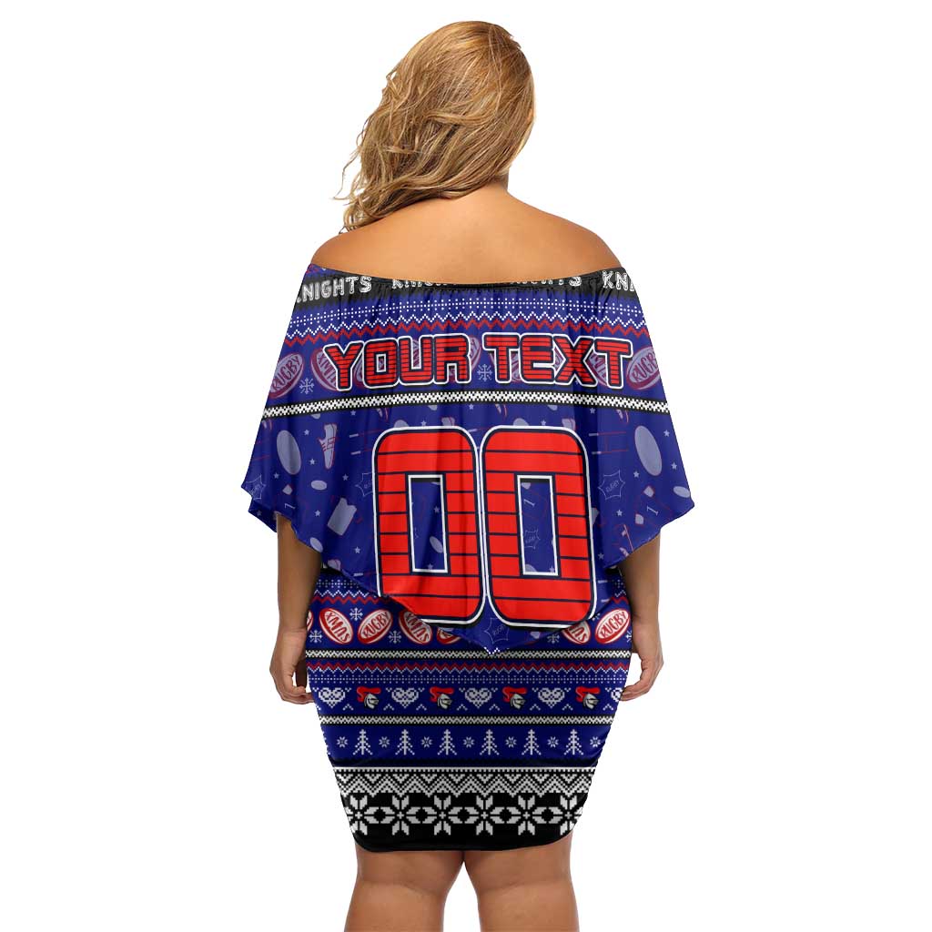 Personalized Knights Rugby Xmas Family Matching Off Shoulder Short Dress and Hawaiian Shirt Australia NRL Mascot