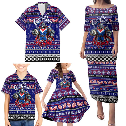 Personalized Knights Rugby Xmas Family Matching Puletasi and Hawaiian Shirt Australia NRL Mascot