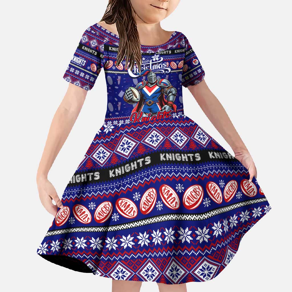 Personalized Knights Rugby Xmas Family Matching Short Sleeve Bodycon Dress and Hawaiian Shirt Australia NRL Mascot