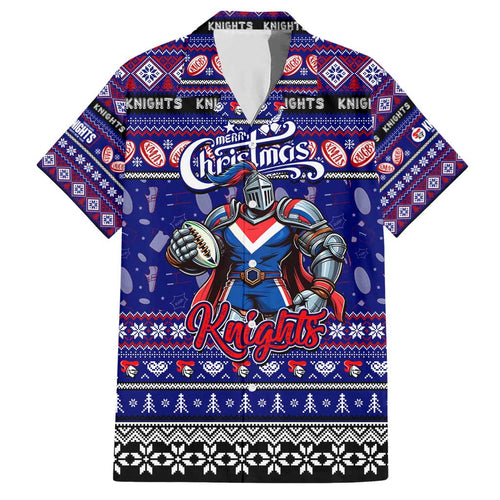 Personalized Knights Rugby Xmas Family Matching Short Sleeve Bodycon Dress and Hawaiian Shirt Australia NRL Mascot