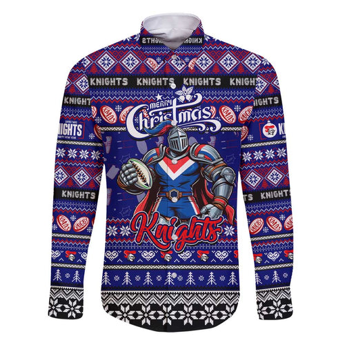 Personalized Knights Rugby Xmas Family Matching Short Sleeve Bodycon Dress and Hawaiian Shirt Australia NRL Mascot