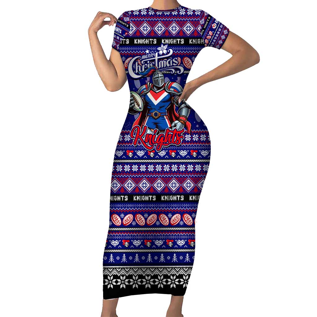 Personalized Knights Rugby Xmas Family Matching Short Sleeve Bodycon Dress and Hawaiian Shirt Australia NRL Mascot