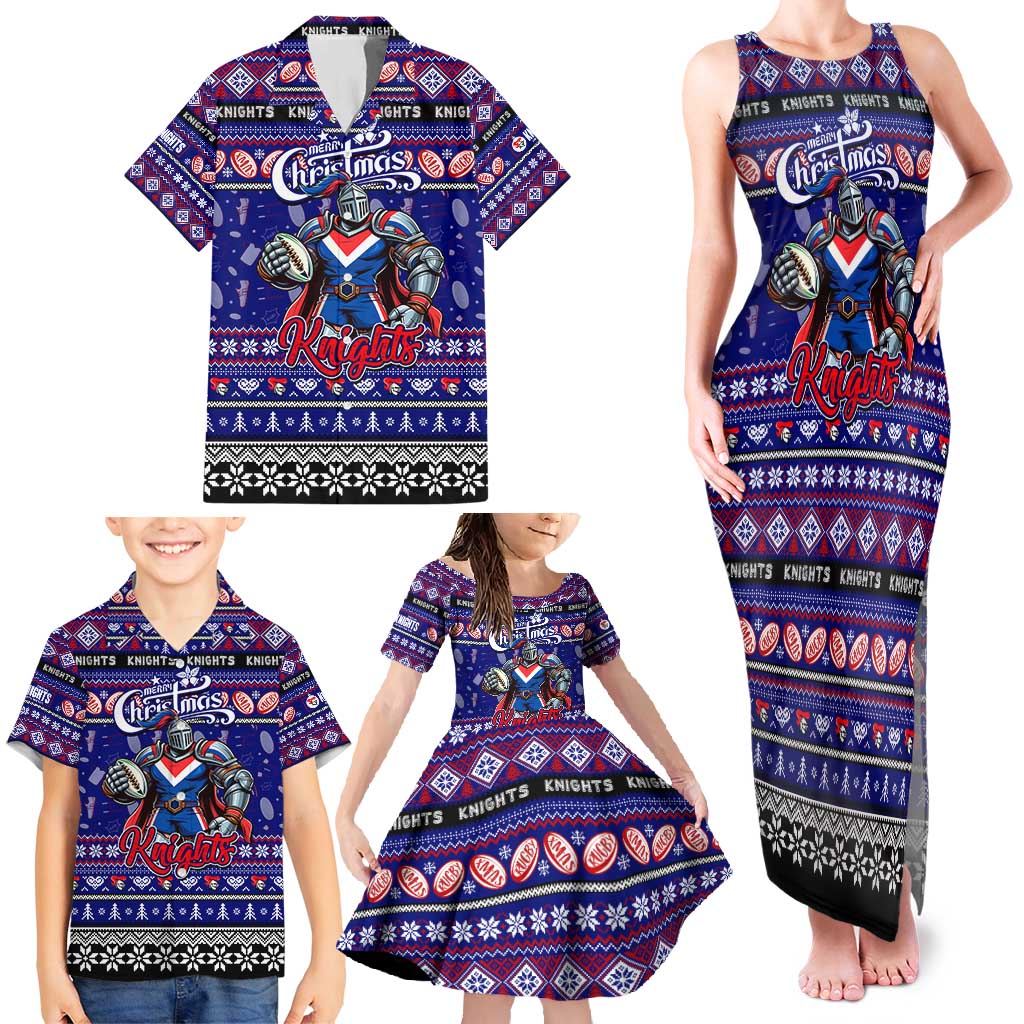 Personalized Knights Rugby Xmas Family Matching Tank Maxi Dress and Hawaiian Shirt Australia NRL Mascot