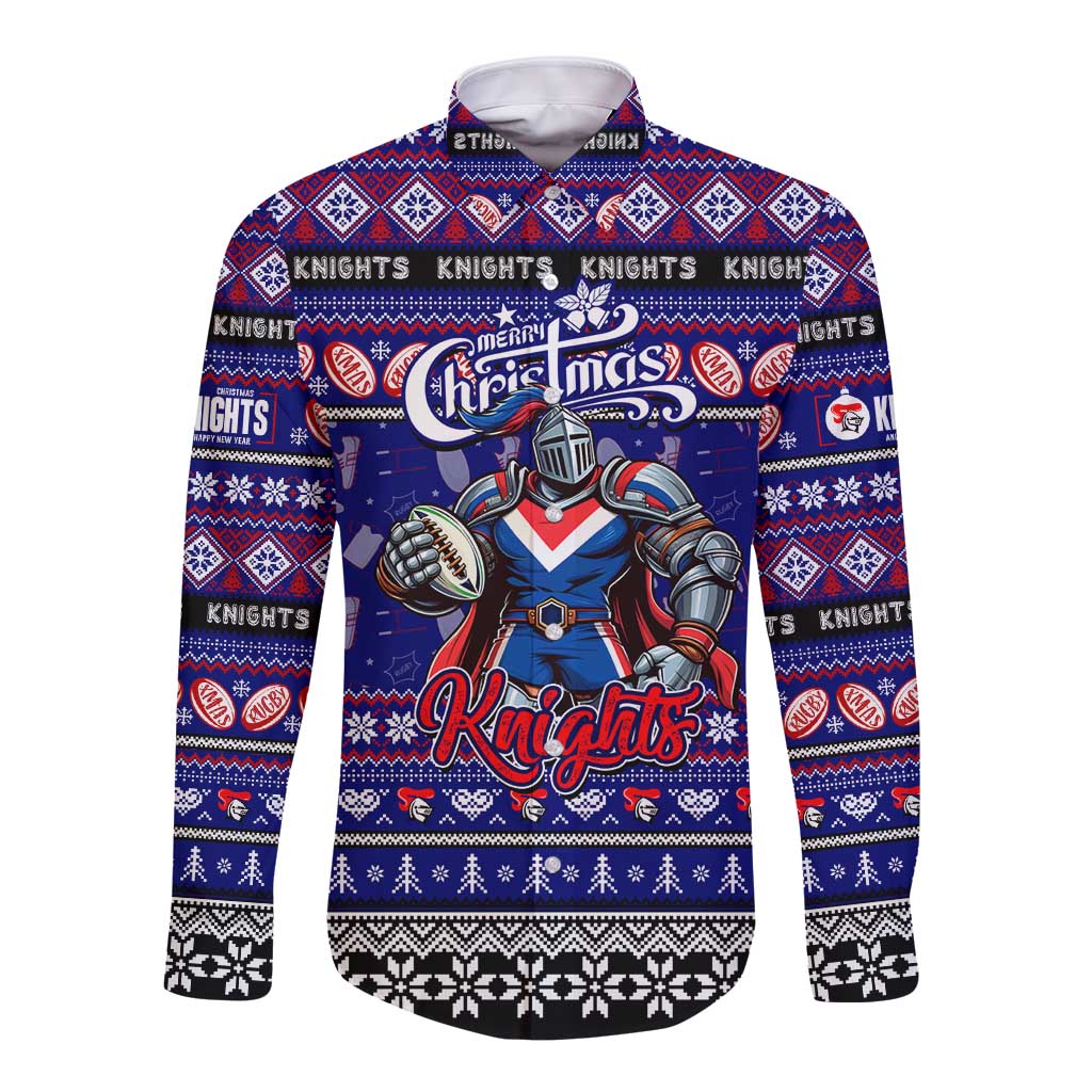 Personalized Knights Rugby Xmas Long Sleeve Button Shirt Australia NRL Mascot