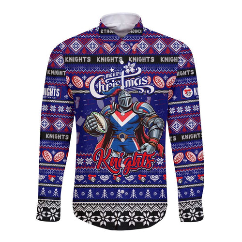 Personalized Knights Rugby Xmas Long Sleeve Button Shirt Australia NRL Mascot