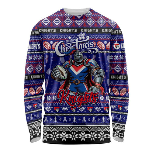 Personalized Knights Rugby Xmas Long Sleeve Shirt Australia NRL Mascot
