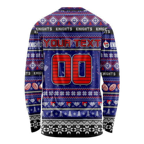 Personalized Knights Rugby Xmas Long Sleeve Shirt Australia NRL Mascot