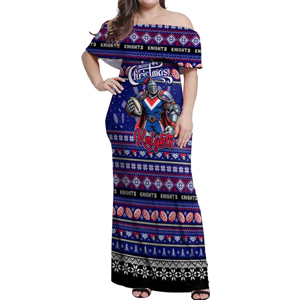 Personalized Knights Rugby Xmas Off Shoulder Maxi Dress Australia NRL Mascot