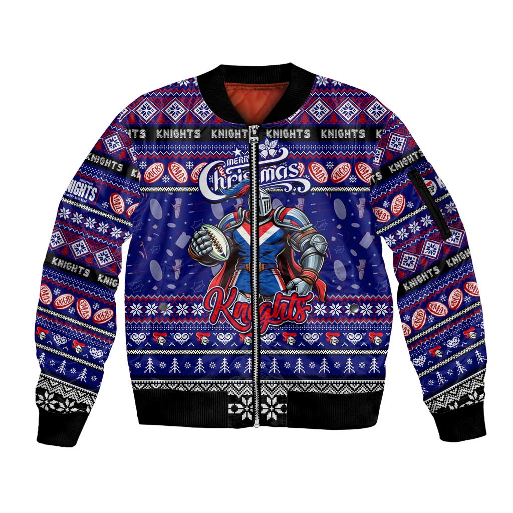 Personalized Knights Rugby Xmas Sleeve Zip Bomber Jacket Australia NRL Mascot