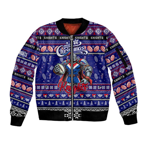 Personalized Knights Rugby Xmas Sleeve Zip Bomber Jacket Australia NRL Mascot