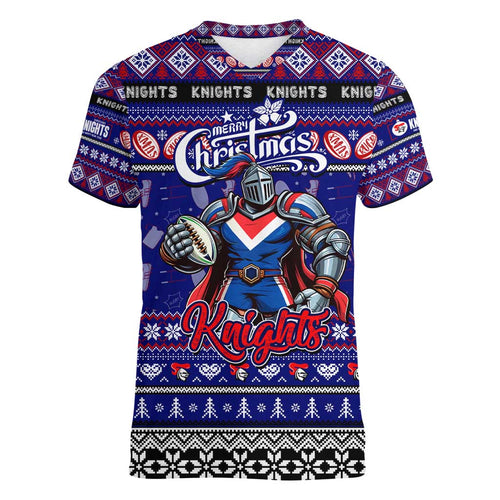 Personalized Knights Rugby Xmas Women V-Neck T-Shirt Australia NRL Mascot