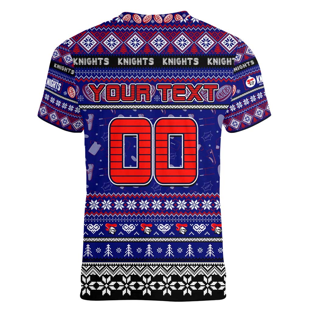 Personalized Knights Rugby Xmas Women V-Neck T-Shirt Australia NRL Mascot