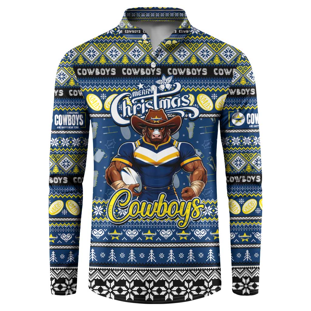 Personalized Cowboys Rugby Xmas Button Sweatshirt Australia NRL Mascot