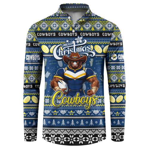 Personalized Cowboys Rugby Xmas Button Sweatshirt Australia NRL Mascot