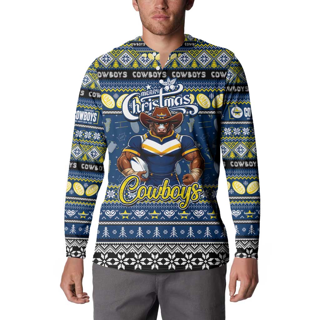 Personalized Cowboys Rugby Xmas Button Sweatshirt Australia NRL Mascot
